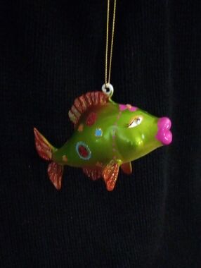 Green Decorative Glass Fish Holiday Ornament with Polka Dot And Glitter Accents